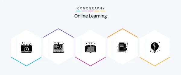Online Learning Glyph Icon Pack Including Elearning Pdf Laptop File — Stockvector
