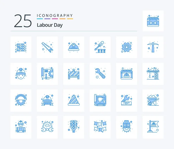 Labour Day Blue Color Icon Pack Including Gear Screw Helmet — Vettoriale Stock