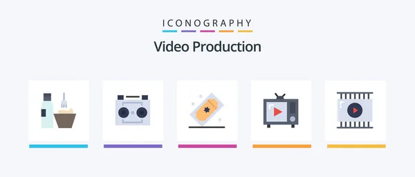 Video Production Flat Icon Pack Including Antenna Digital Recording Tickets — Archivo Imágenes Vectoriales