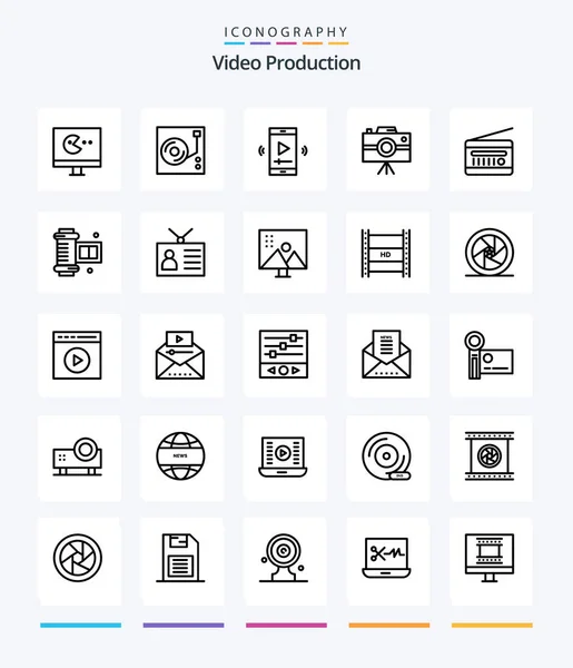 Creative Video Production Outline Icon Pack Professional Camera Handycam Camcorder — Vetor de Stock