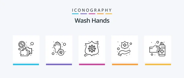Wash Hands Line Icon Pack Including Gestures Wash Glove Hands — 图库矢量图片