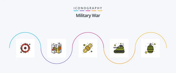 Military War Line Filled Flat Icon Pack Including Weapon Fight — ストックベクタ
