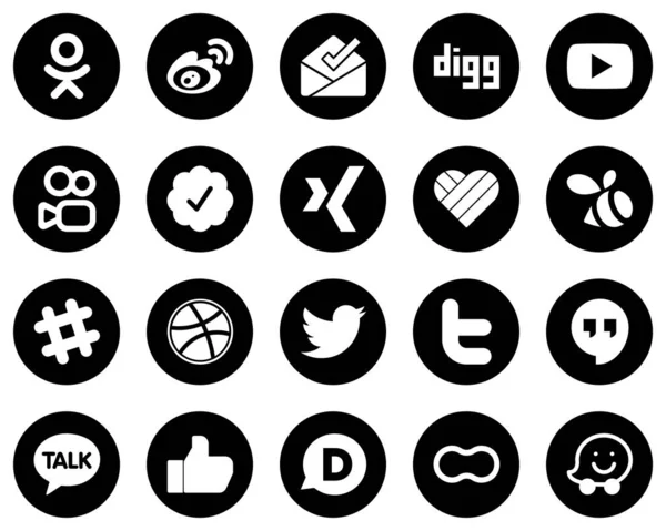 Elegant White Social Media Icons Black Background Tweet Dribbble Video — Stock Vector