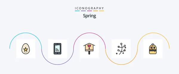 Spring Line Filled Flat Icon Pack Including Backbag Spring Bird — ストックベクタ
