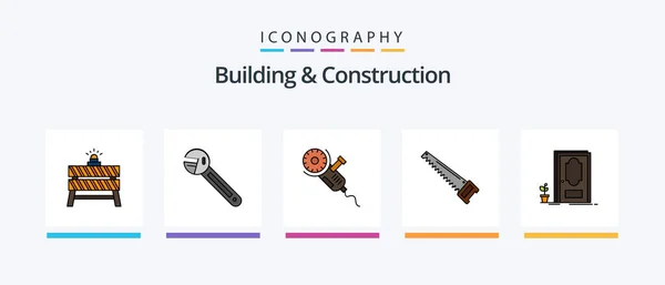 Building Construction Line Filled Icon Pack Including Construction Crane Spanner — Stockvector