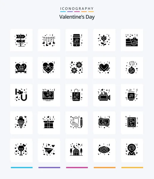 Creative Valentines Day Glyph Solid Black Icon Pack Heart Badge — Stock Vector