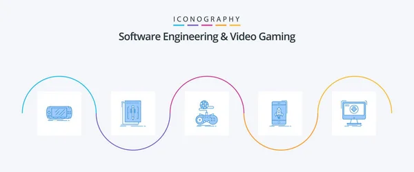 Software Engineering Video Gaming Blue Icon Pack Including Start Game — 图库矢量图片