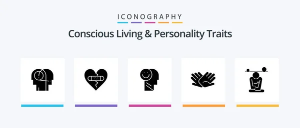 Concious Living Personality Traits Glyph Icon Pack Including Helping Hands — Vetor de Stock