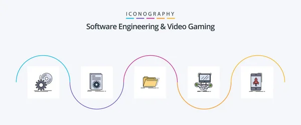 Software Engineering Video Gaming Line Filled Flat Icon Pack Including — Wektor stockowy