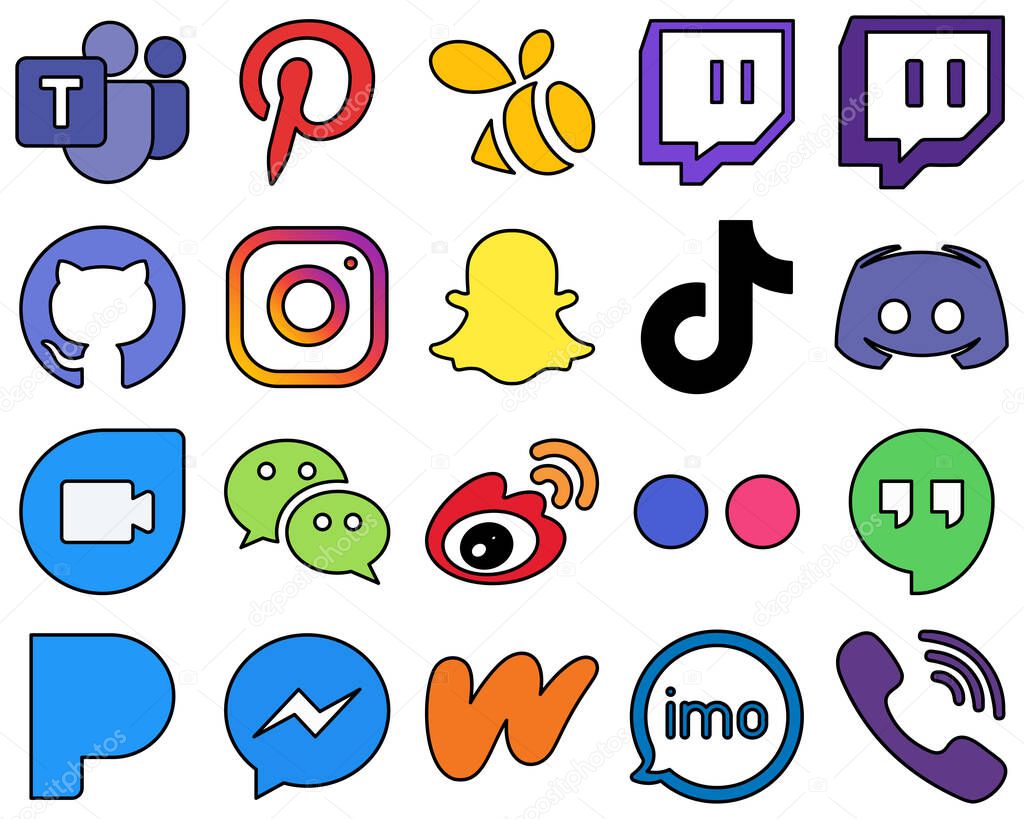 20 Distinctive Line Filled Social Media Icons such as text. discord and video High-Resolution and Professional