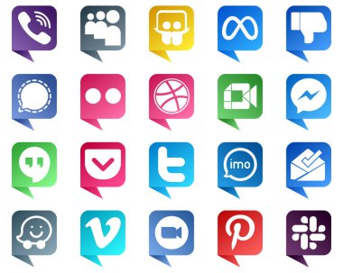 Chat bubble style Icons for Major Social Media 20 pack such as google meet. facebook. dribbble and flickr icons. Fully customizable and high quality
