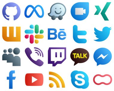 Gradient Icons for Major Social Media 20 pack such as messenger. twitch. behance and viber icons. Fully customizable and high quality