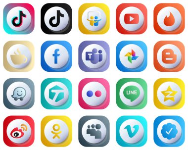 20 Cute 3D Gradient Social Media Icons for Popular Brands such as google photo. microsoft team. tinder and facebook icons. High-Quality and Elegant