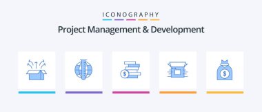 Project Management And Development Blue 5 Icon Pack Including product. business. market. product release . ghold. Creative Icons Design