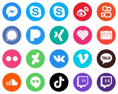 20 Fresh White Icons email. likee and xing Flat Circle Backgrounds