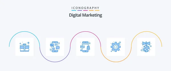 Digital Marketing Blue Icon Pack Including Global Gear Online Settings — стоковый вектор