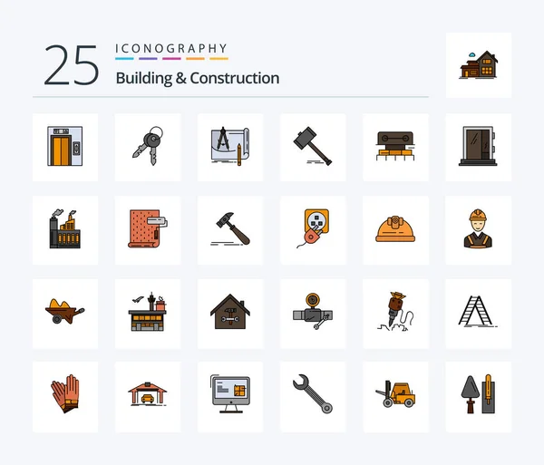 Building Construction Line Filled Icon Pack Including Hammer Court Architecture — Stok Vektör