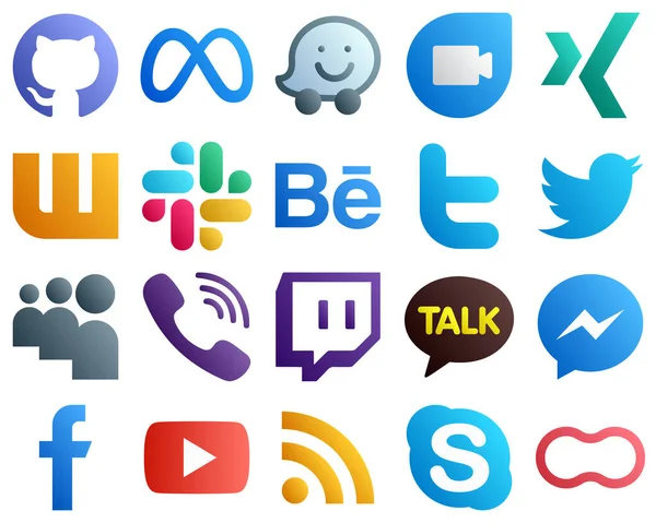 Gradient Icons for Major Social Media 20 pack such as messenger. twitch. behance and viber icons. Fully customizable and high quality