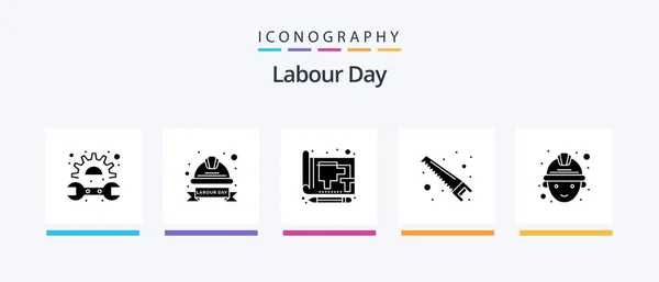 Labour Day Glyph Icon Pack Including Cutter Saw Labour Badge — Archivo Imágenes Vectoriales