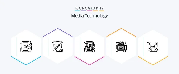 Media Technology Line Icon Pack Including Movie Video Shield Film — Vetor de Stock