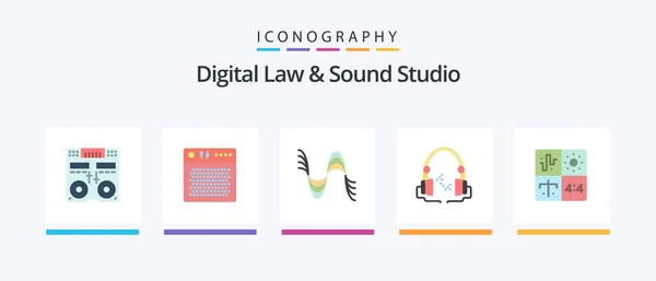 Digital Law Sound Studio Flat Icon Pack Including Audio Headphone — Διανυσματικό Αρχείο