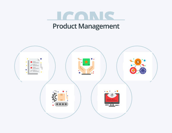 Product Management Flat Icon Pack 5 Icon Design. goods. branding. system. best quality. ok