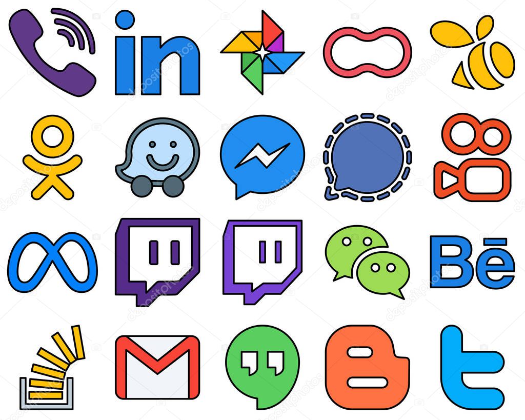 20 Eye-catching Line Filled Social Media Icons such as signal. women. fb and messenger High-resolution and professional