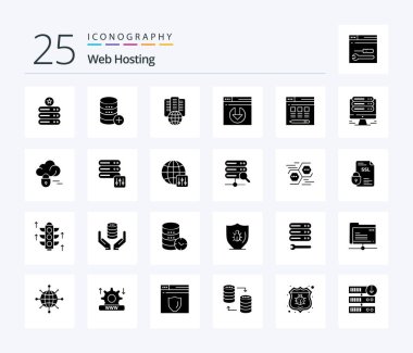 Web Hosting 25 Solid Glyph icon pack including web . server. sal . proxy . hosting