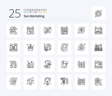 Seo Marketing 25 Line icon pack including quality. marketing. eye. website. vision