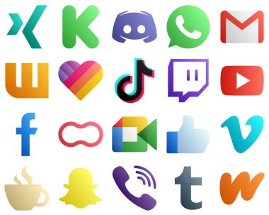 20 Gradient Icons for Top Social Media Platforms such as video. gmail. douyin and likee icons. Fully customizable and professional