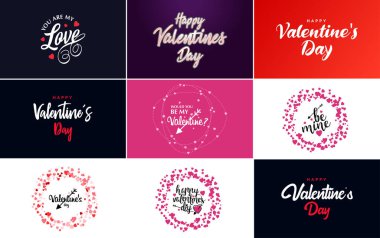 Happy Valentine's Day greeting background in papercut realistic style paper clouds. flying realistic heart on a string; pink banner party invitation template with calligraphy words text sign on copy space