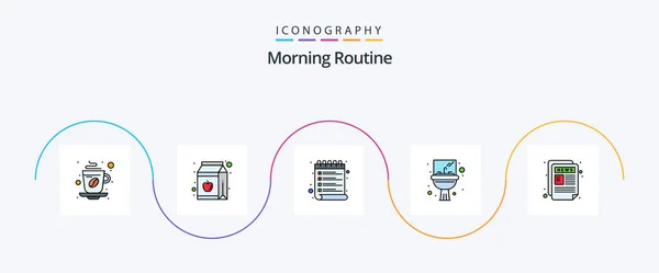 Morning Routine Line Filled Flat Icon Pack Including News Washbasin — Archivo Imágenes Vectoriales