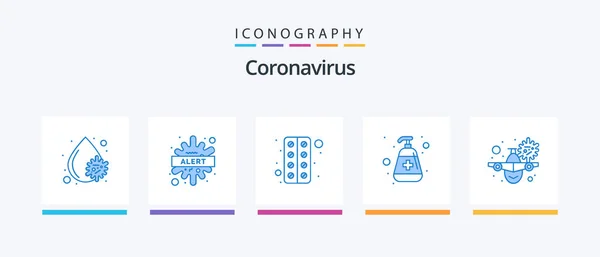 Coronavirus Blue Icon Pack Including Airplane Virus Protection Virus Moisturizer — Image vectorielle