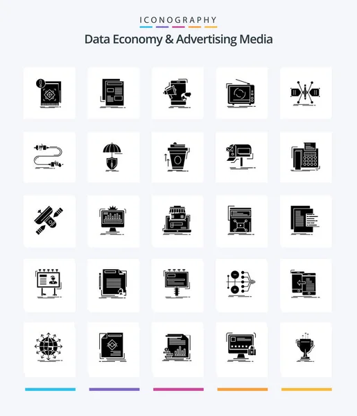 Creative Data Economy Advertising Media Glyph Solid Black Icon Pack — Vetor de Stock