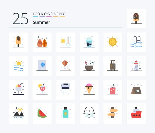 Summer Flat Color Icon Pack Including Ice Drink Surf Weather — Image vectorielle