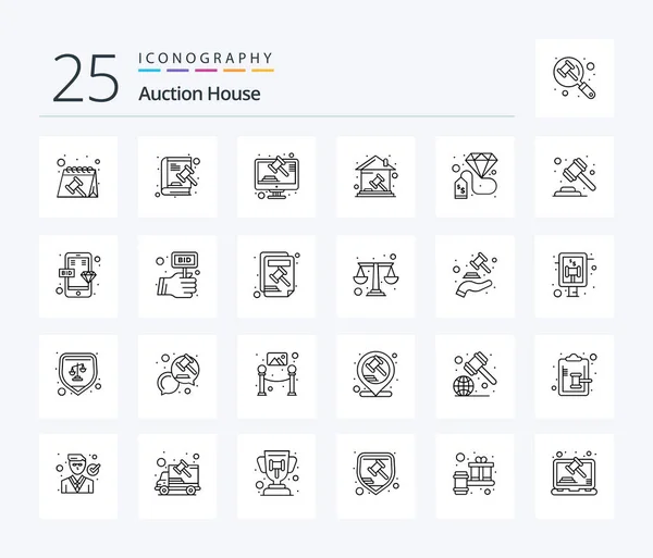 Auction Line Icon Pack Including Diamond Property Hammer House Court — Vettoriale Stock