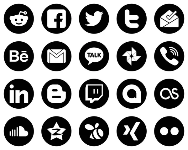Modern White Social Media Icons Black Background Professional Gmail Rakuten — Vetor de Stock