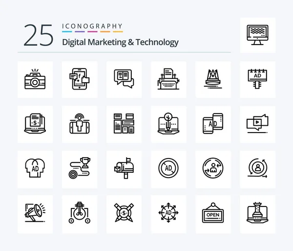 Digital Marketing Technology Line Icon Pack Including Content Machine Chat — Archivo Imágenes Vectoriales