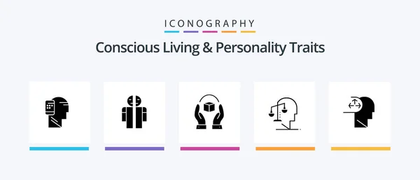 Concious Living Personality Traits Glyph Icon Pack Including Integrity Equilibrium — Stockvektor
