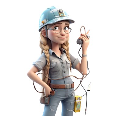 Elektrikçi Aracı ile Karikatür Kadın Elektrikçisinin Üç Boyutlu Hazırlaması