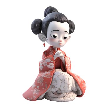 Kimonolu bir Japon geyşasının 3D görüntüsü.