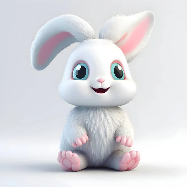 Милый Мультяшный Кролик Сидит Белом Фоне Рендеринг — стоковое фото