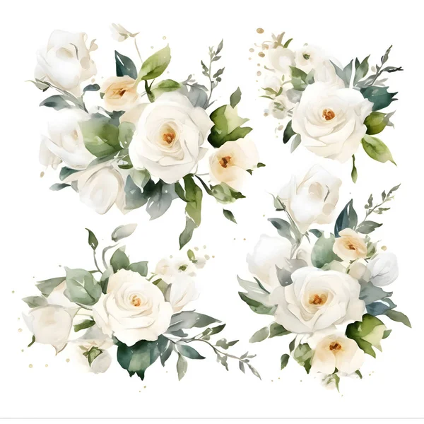 Ensemble Bouquets Roses Blanches Aquarelle Eucalyptus — Photo