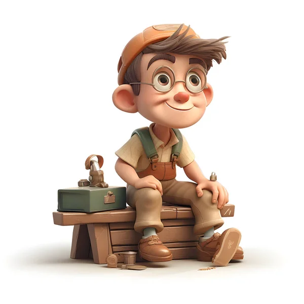 Render Boy Overalls Sitting Wooden Box — Stock Photo, Image