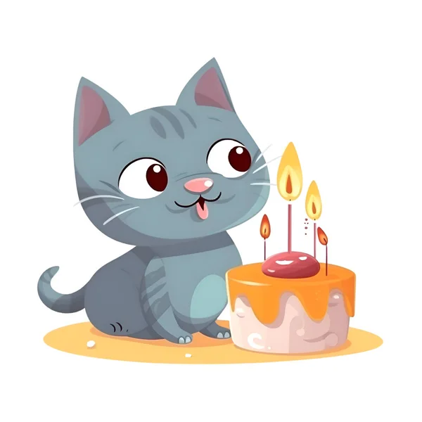 可爱的卡通猫与生日蛋糕 在白色背景上孤立的向量图 — 图库照片