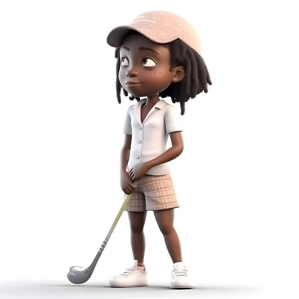 3D渲染一个拿着高尔夫球杆的非洲裔美国小女孩 — 图库照片