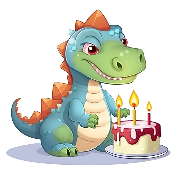 Niedlicher Dinosaurier Mit Kuchen Und Kerze Auf Weißem Hintergrund Illustration — Stockfoto