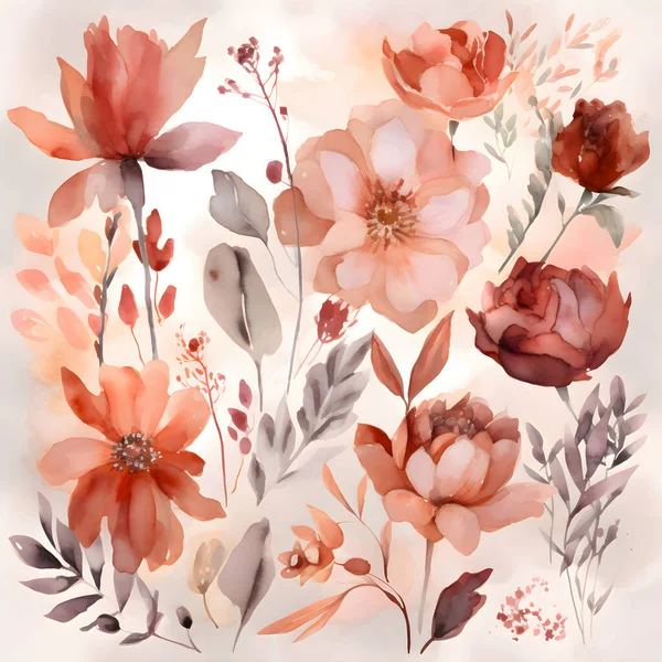 水彩の花のシームレスなパターン 手描きの花 葉と小枝 — ストック写真