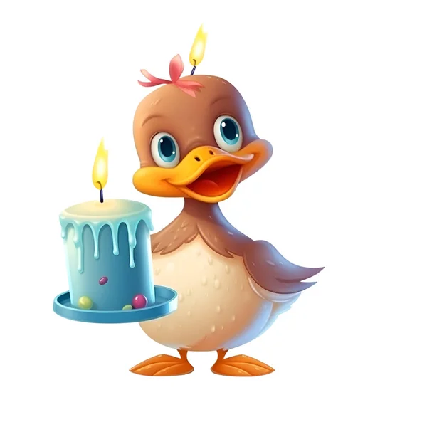 可爱的卡通鸭与蜡烛和蛋糕 在白色背景上孤立的向量图 — 图库照片