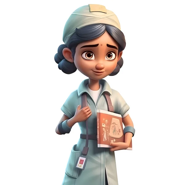 Render Της Μικρής Ασιατικής Νοσοκόμα Ένα Βιβλίο Που Δείχνει Τους — Φωτογραφία Αρχείου